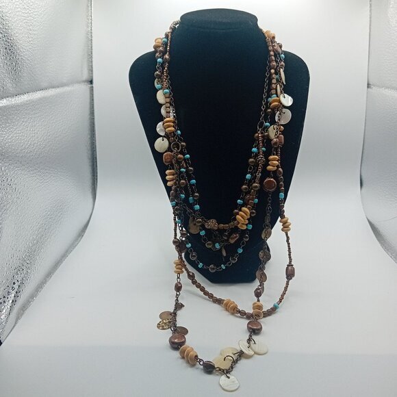 Bohemian Boho Hippie Layered Necklace Wood Beads Turquoise Statement Jewelry - Picture 1 of 8